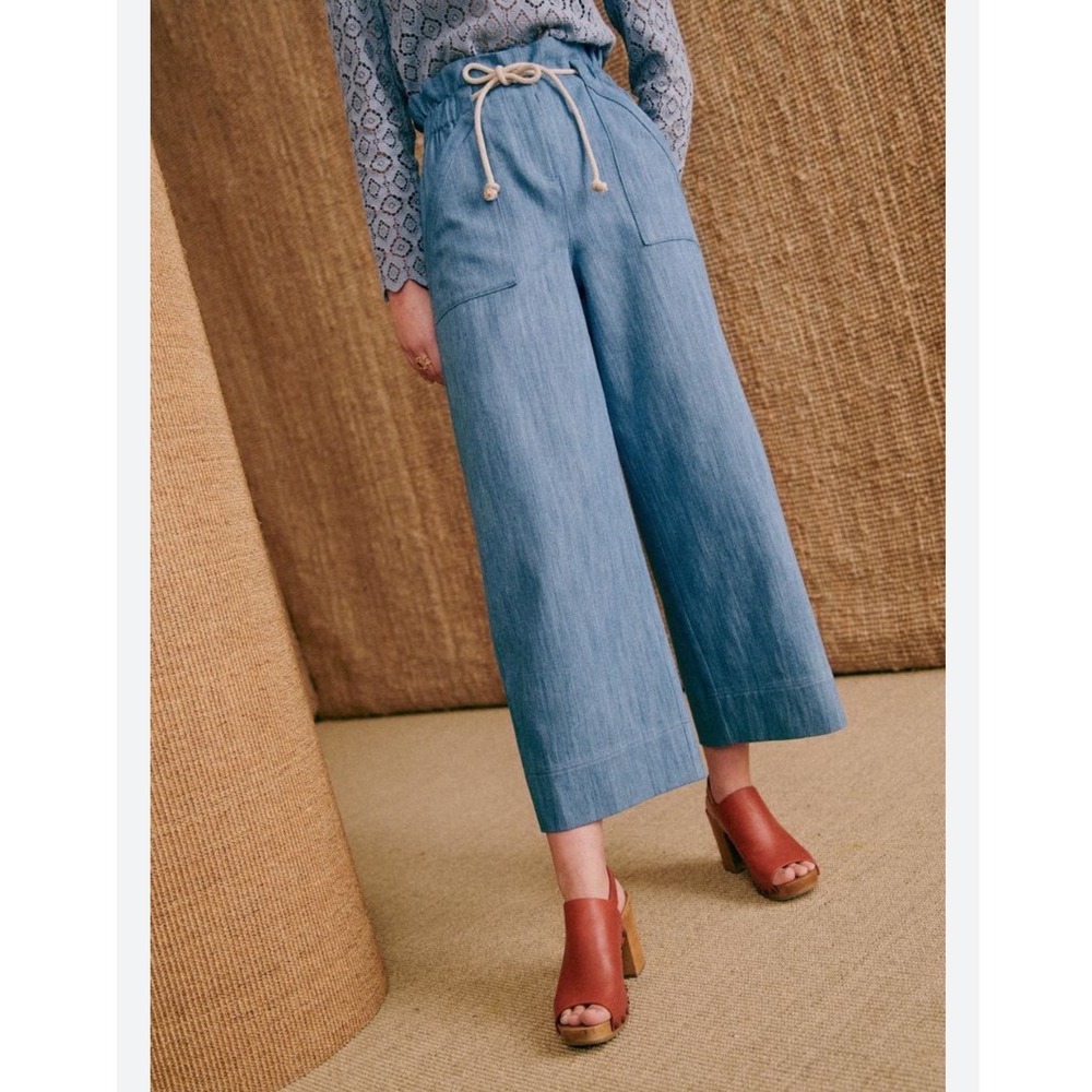 Sezane Light Blue Wide-Leg Crop Pants